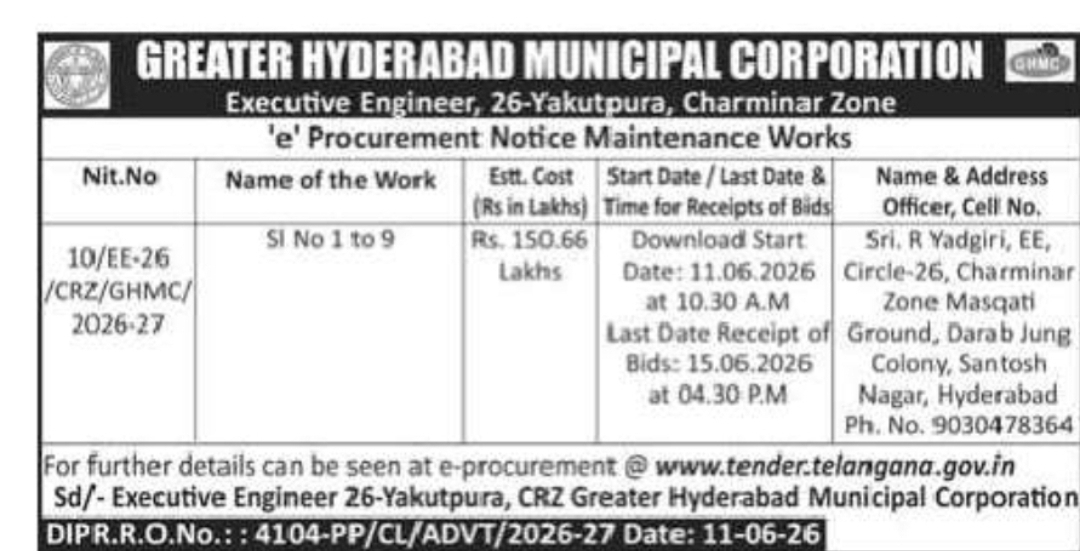 GREATER HYDERABAD MUNICIPAL CORPORATION Executive Engineer, Circle-26, Yakutpura, Charminar Zone – Maintenance Works Tender Notice