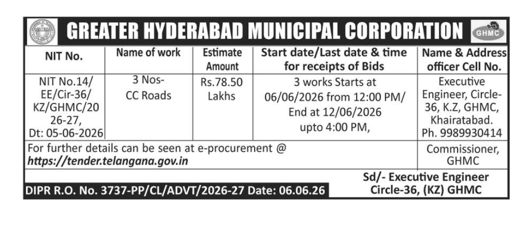 GREATER HYDERABAD MUNICIPAL CORPORATION Office of the Executive Engineer, Circle-36, Khairatabad Zone