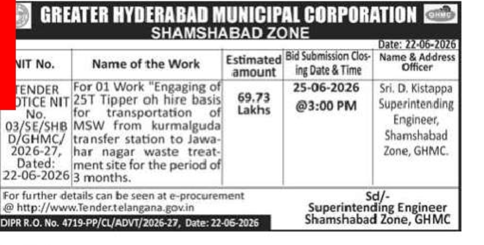 Greater Hyderabad Municipal Corporation Shamshabad Zone – Tender Notice