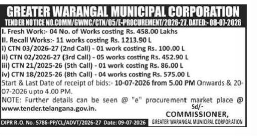 Greater Warangal Municipal Corporation Invites E-Tenders for Civil Works Worth ₹16.72 Crore