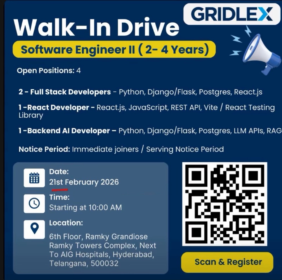 💻 GRIDLEX – Walk-In Drive for Software Engineer II (2–4 Years)