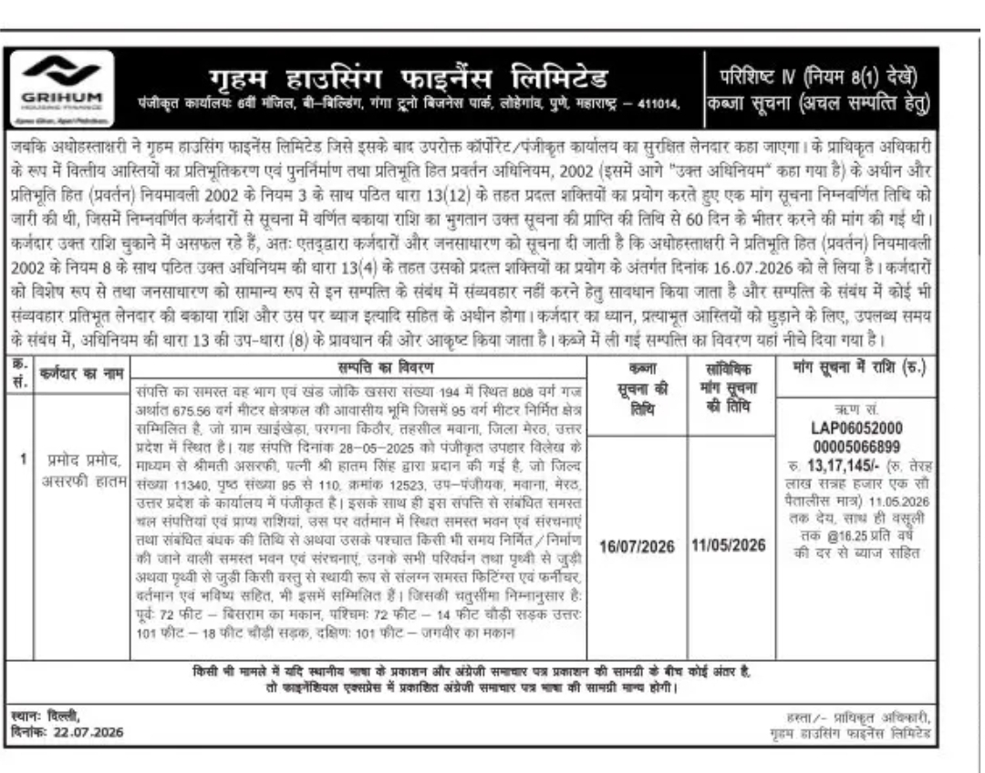 Grihum Housing Finance Ltd. – Possession Notice (Immovable Property), Meerut, Uttar Pradesh