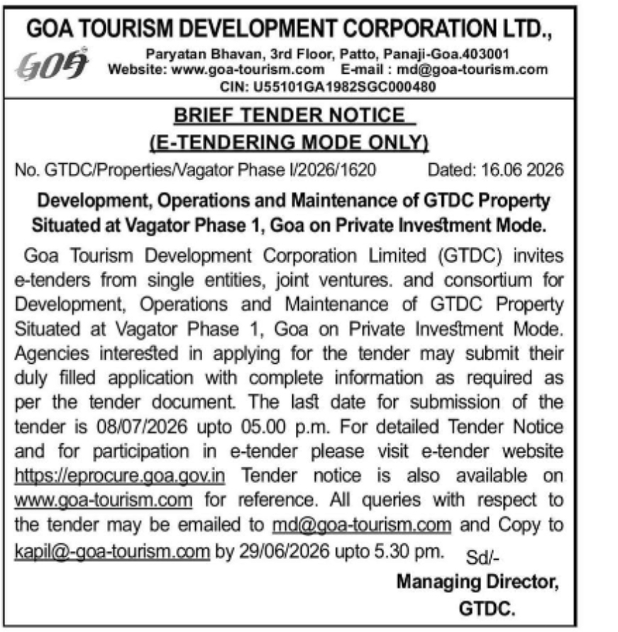 GTDC BRIEF TENDER NOTICE – VAGATOR PHASE 1 PROJECT, GOA