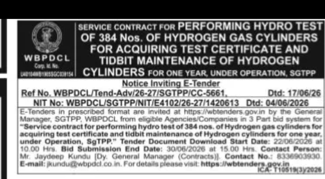 SGTPP – Hydro Test & Maintenance of Hydrogen Gas Cylinders