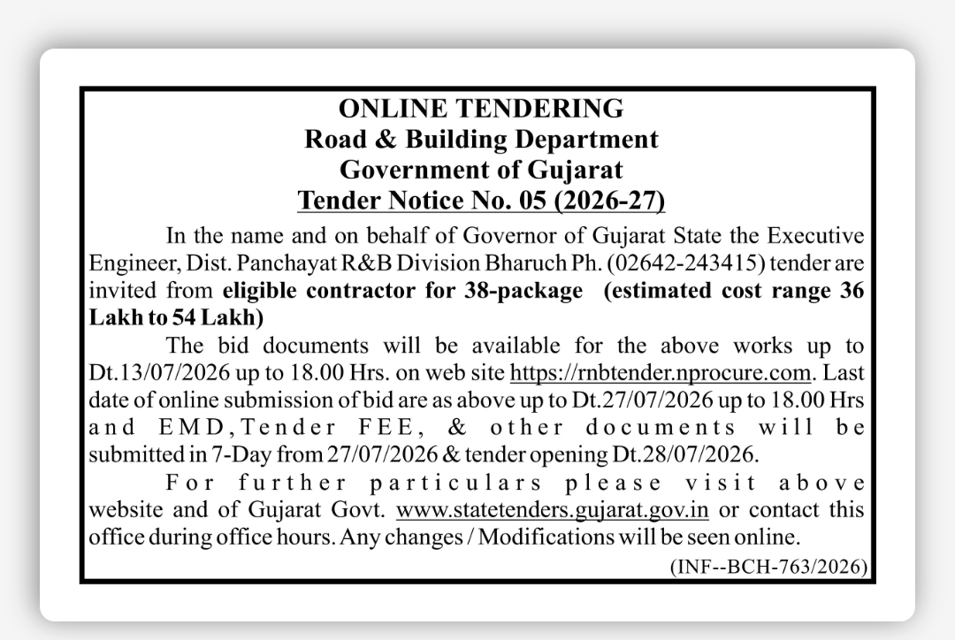 Gujarat R&B Department Invites Online Tenders for 38 Road & Building Works in Bharuch