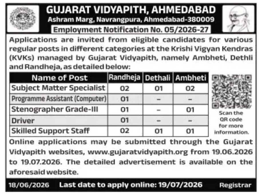 GUJARAT VIDYAPITH, AHMEDABAD – EMPLOYMENT NOTIFICATION NO. 05/2026-27