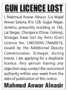 Gun Licence Lost Mahmud Anwar Alnasir