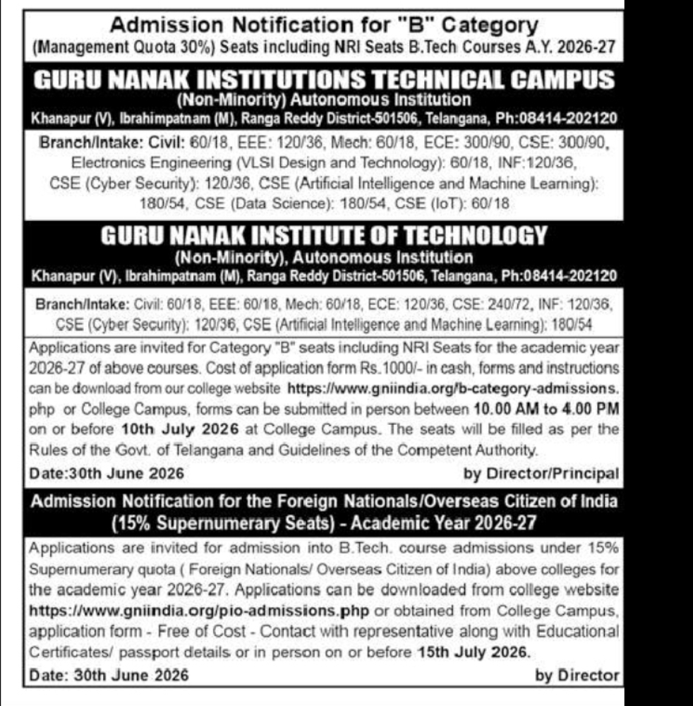 Guru Nanak Institutions – B.Tech Admissions 2026-27 (B-Category, NRI & Foreign Nationals/OCI)