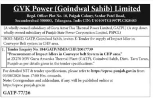 GVK Power Invites E-Tender for Conveyor Belt Impact Idlers Supply
