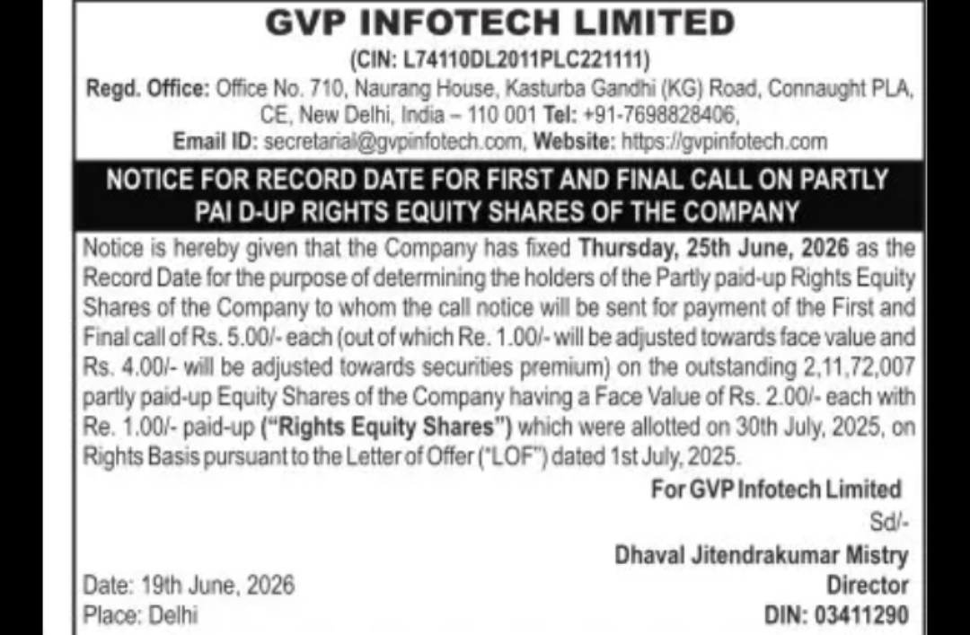 GVP INFOTECH LIMITED – Notice for Record Date (First and Final Call on Partly Paid-Up Rights Equity Shares)