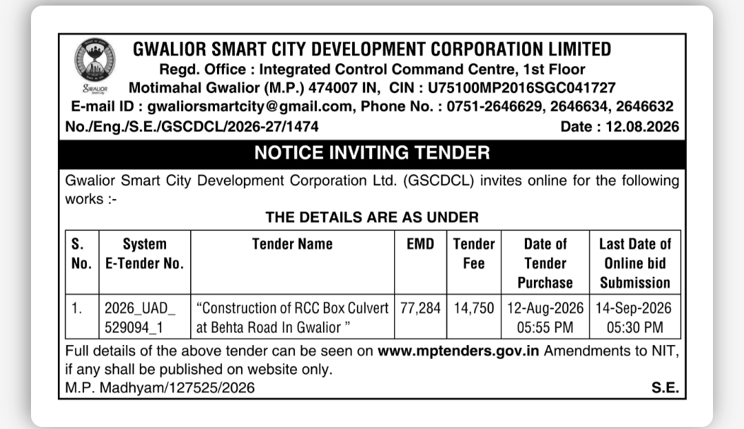 Gwalior Smart City Development Corporation Limited – Tender Notice