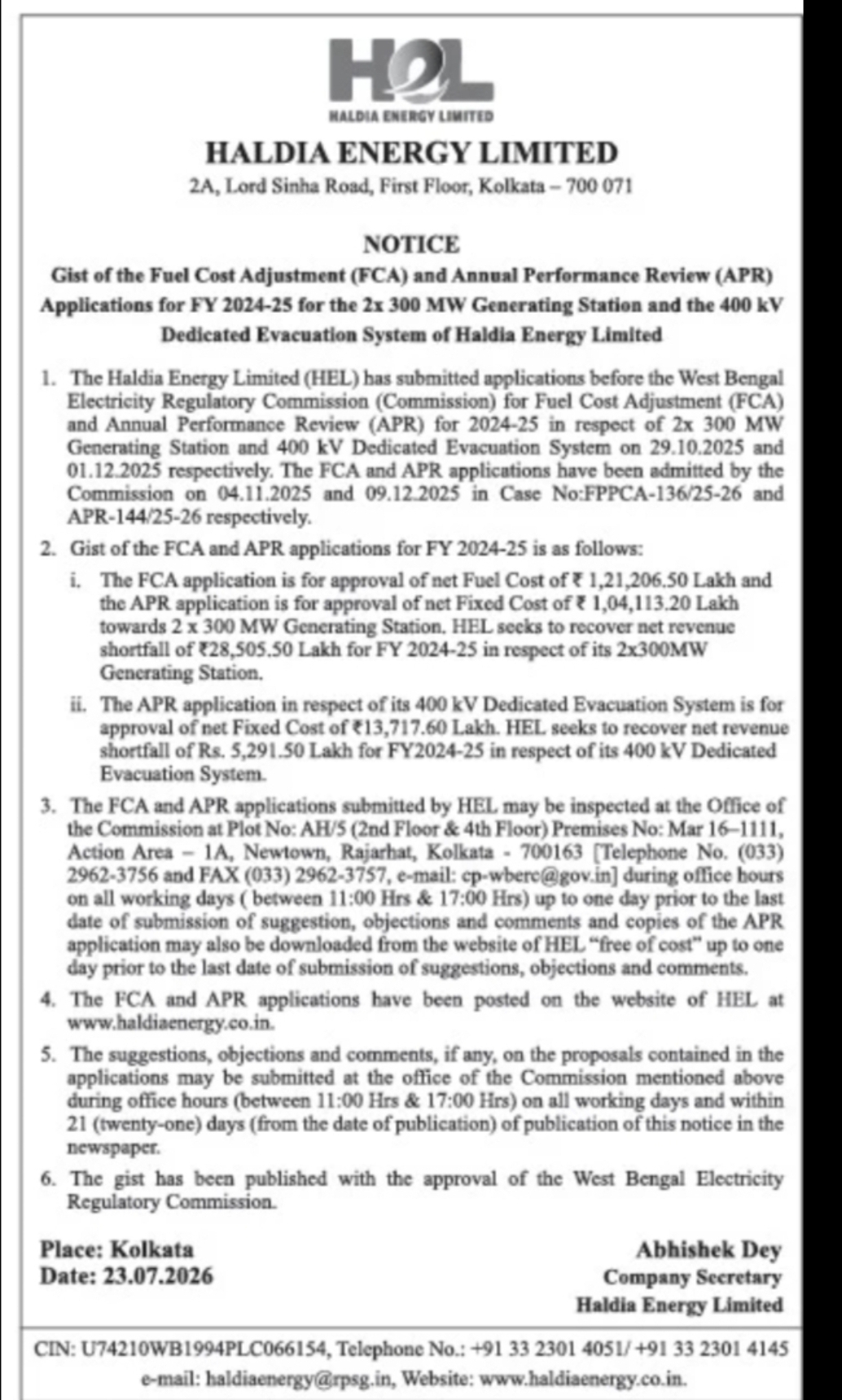 Haldia Energy Limited – Notice on Fuel Cost Adjustment (FCA) and Annual Performance Review (APR) Applications for FY 2024-25