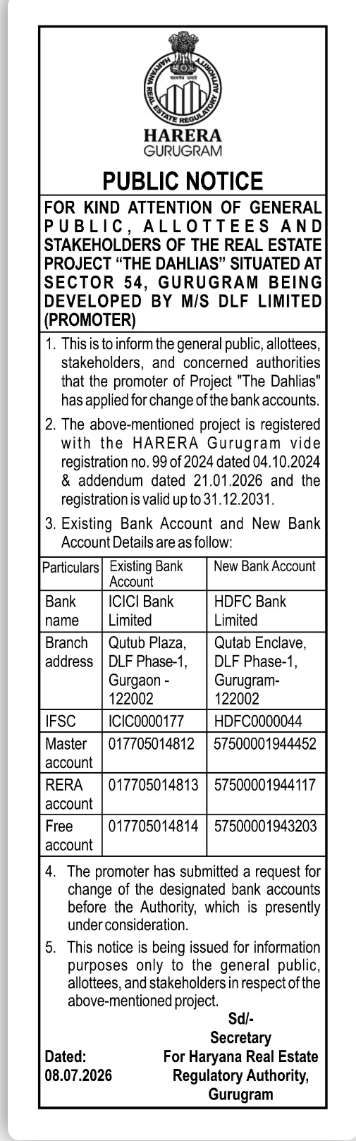 HARERA Gurugram Public Notice – Change of Bank Accounts for DLF The Dahlias Project, Sector 54 Gurugram