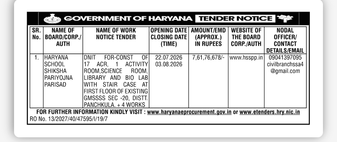 Haryana Government Tender Notice – School Infrastructure Construction, Panchkula