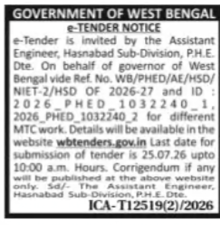 Hasnabad Sub-Division PHED MTC Works Tender