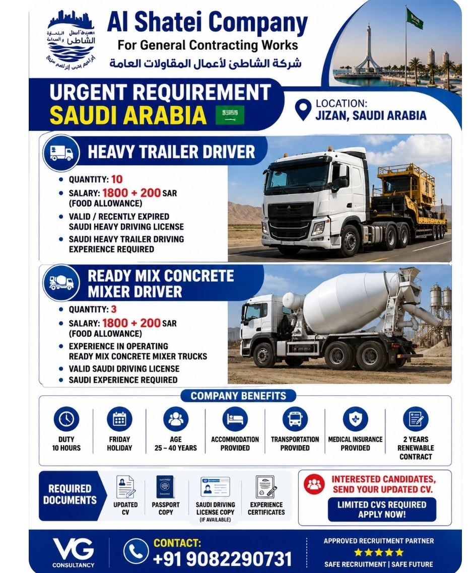 Heavy Trailer Driver & Ready Mix Concrete Mixer Driver vacancy