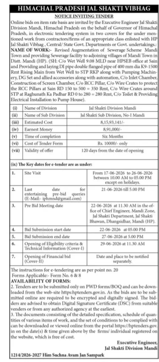 Himachal Pradesh Jal Shakti Division Invites ₹8.15 Crore Tender for Mandi Sewerage Augmentation Project