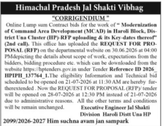 Himachal Pradesh Jal Shakti Vibhag – Corrigendum Notice