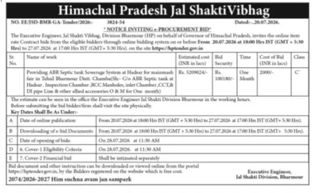 Himachal Pradesh Jal Shakti Vibhag e-Tender – Bharmour