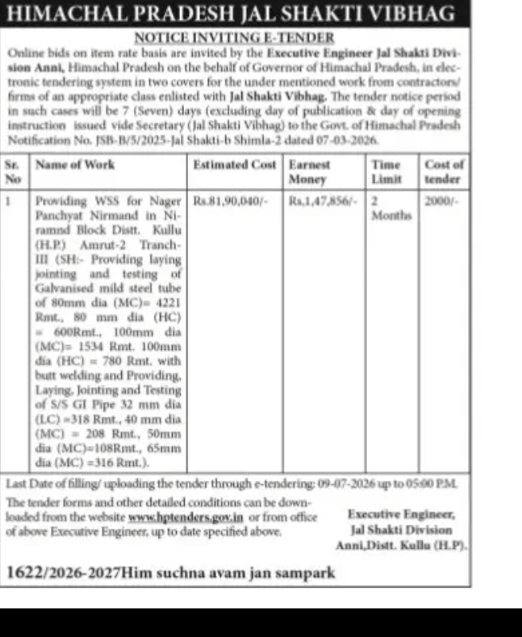 Himachal Pradesh Jal Shakti Vibhag – E-Tender Notice | Jal Shakti Division Anni, District Kullu