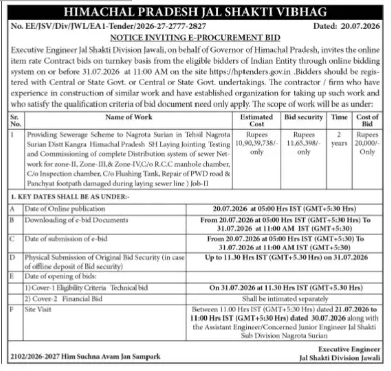 Himachal Pradesh Jal Shakti Vibhag Invites E-Tender for Sewerage Scheme at Nagrota Surian