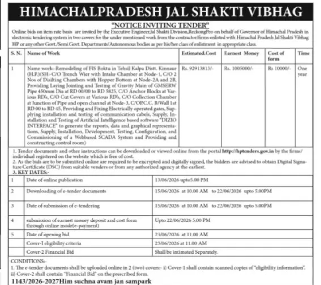 Himachal Pradesh Jal Shakti Vibhag Tender Notice