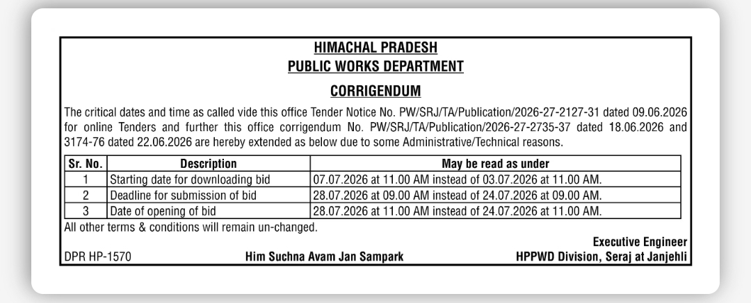 Himachal Pradesh PWD Corrigendum – Extension of Tender Submission & Opening Dates | HPPWD Division Seraj, Janjehli