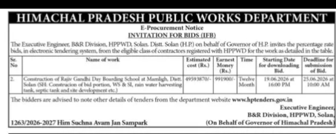 Himachal Pradesh PWD E-Procurement Notice (Solan Division)