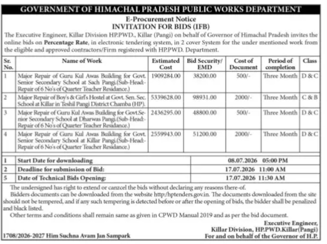Himachal Pradesh PWD Invites Online Bids for Major Repair Works in Pangi Area