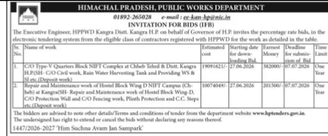 Himachal Pradesh PWD Tender Notice