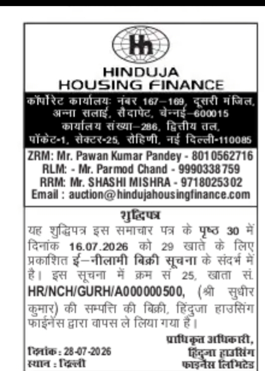 Hinduja Housing Finance – Corrigendum Notice (Property Auction Withdrawal)