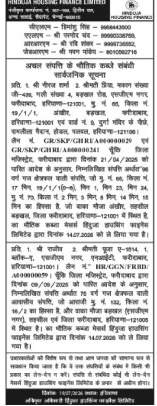 Hinduja Housing Finance Limited – Public Notice of Physical Possession of Mortgaged Properties
