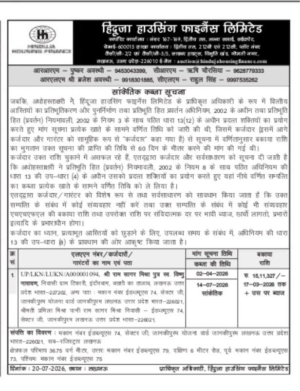 Hinduja Housing Finance Ltd. – Symbolic Possession Notice, Lucknow