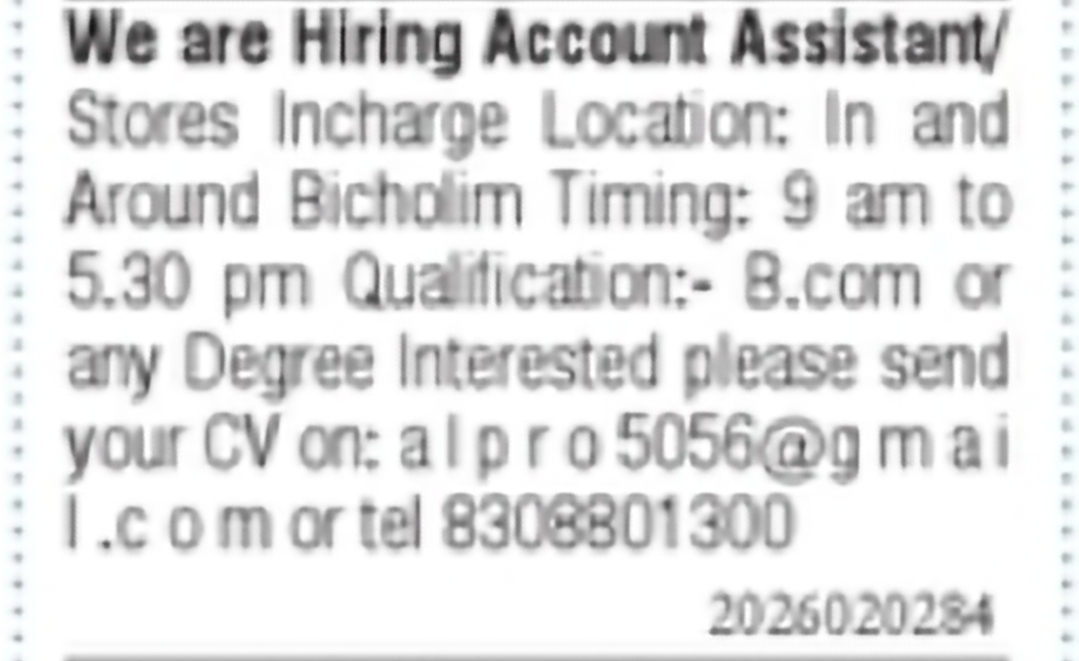 Hiring Account Assistant / Stores Incharge