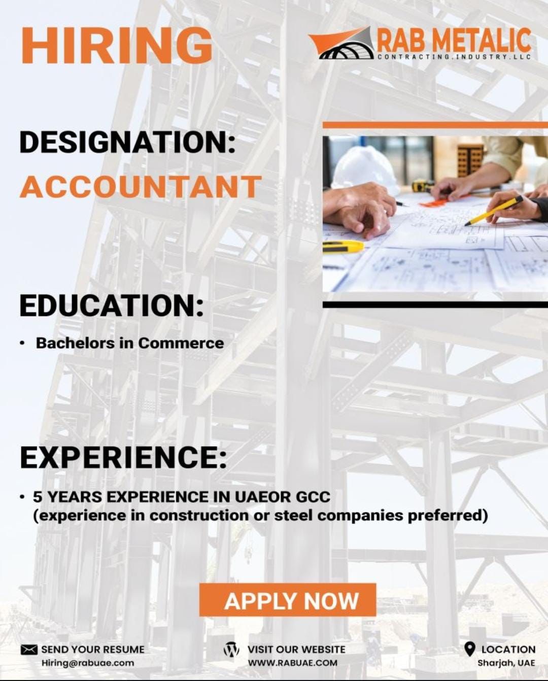 Hiring: Accountant – RAB Metalic Contracting Industry LLC
