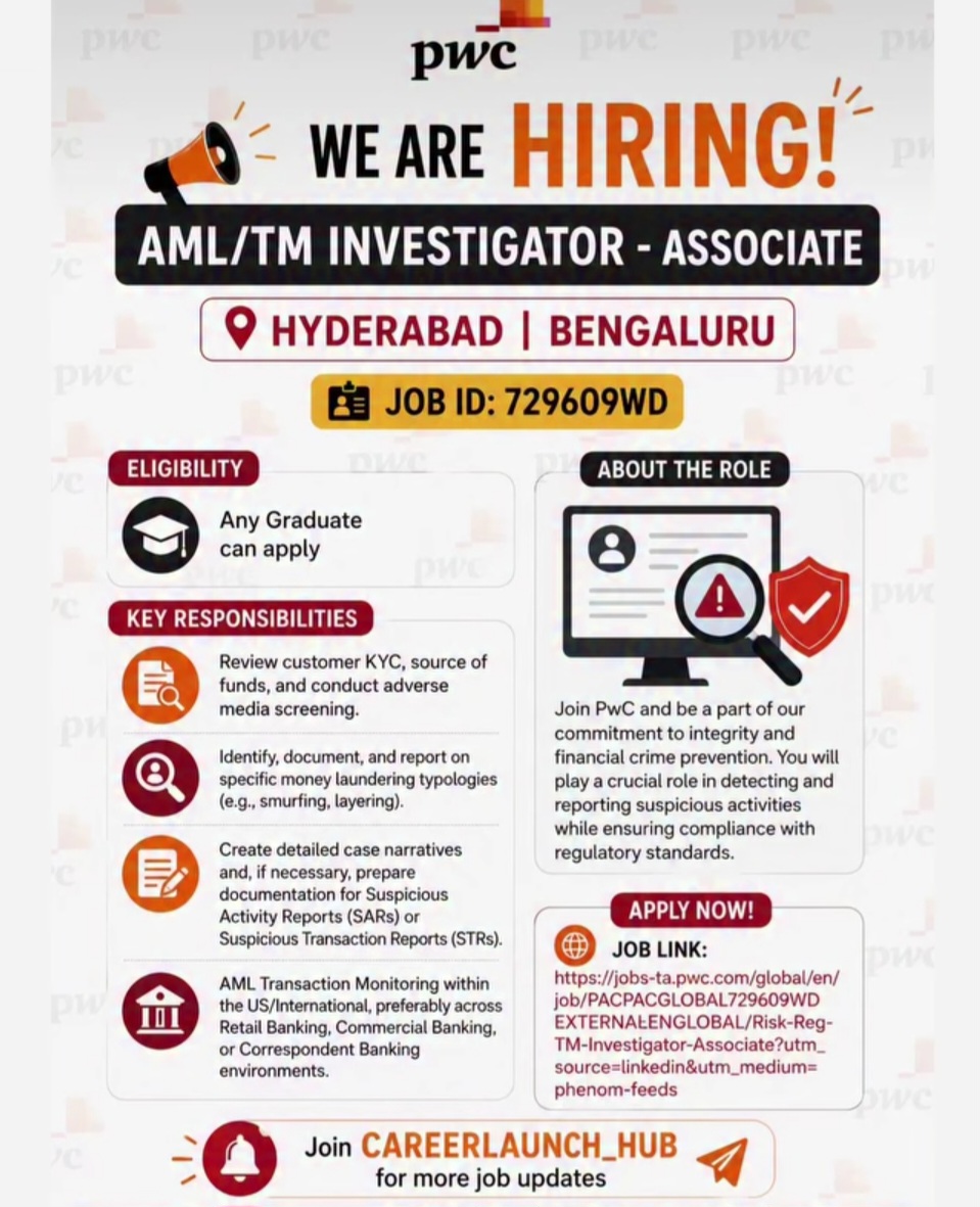 Hiring: AML/TM Investigator – Associate | PwC | Hyderabad & Bengaluru