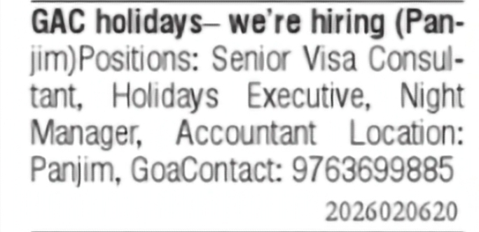 Hiring at GAC Holidays – Panjim