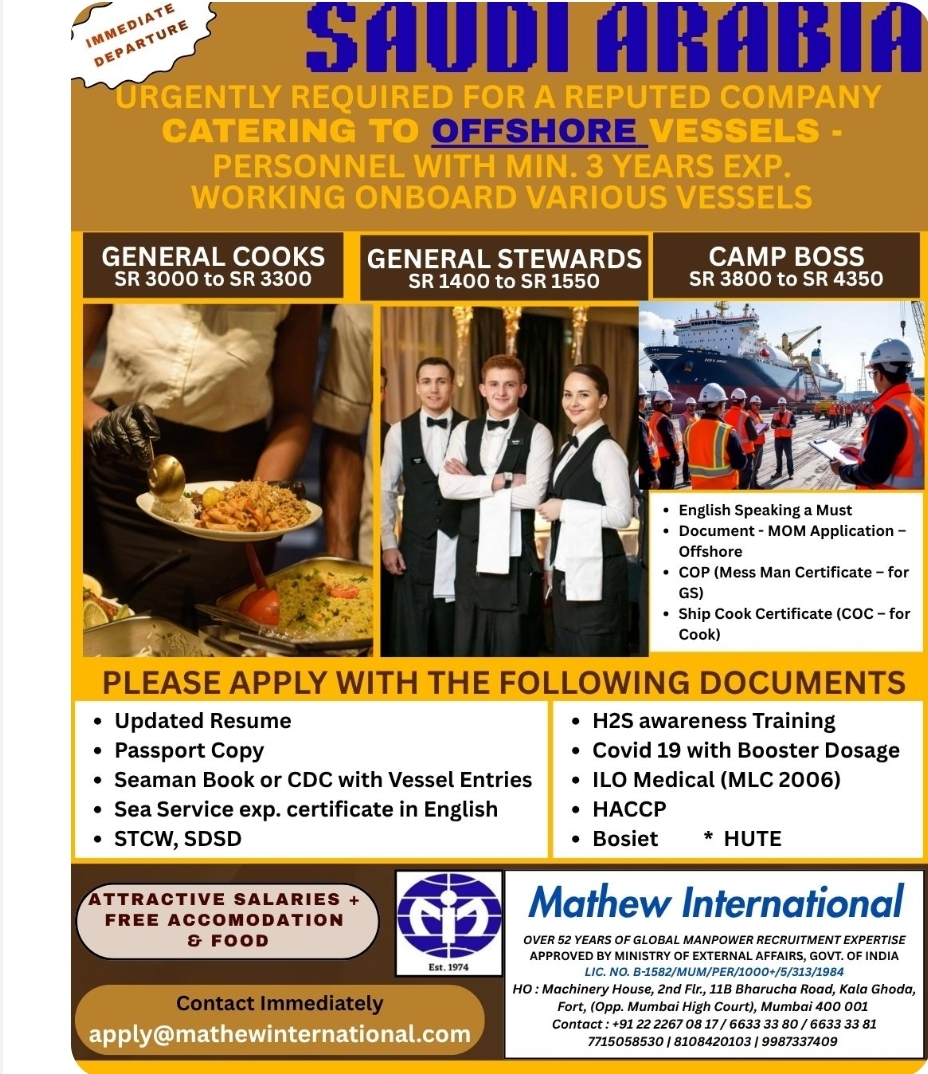 Hiring catering to offshore vessels
