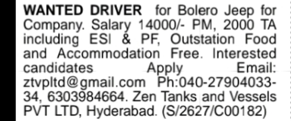 Hiring Driver for Company Bolero Jeep