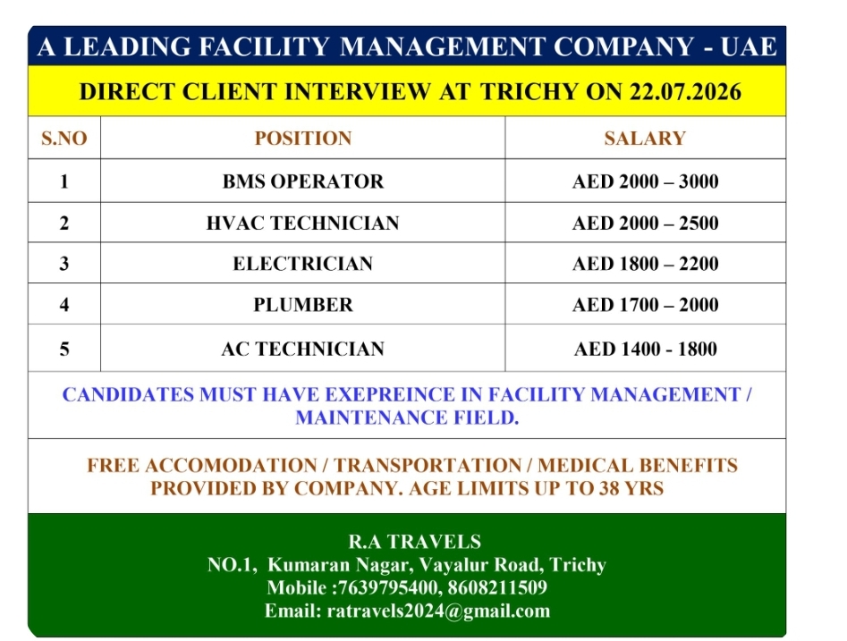 Hiring ELECTRICIAN / HVAC / BMS