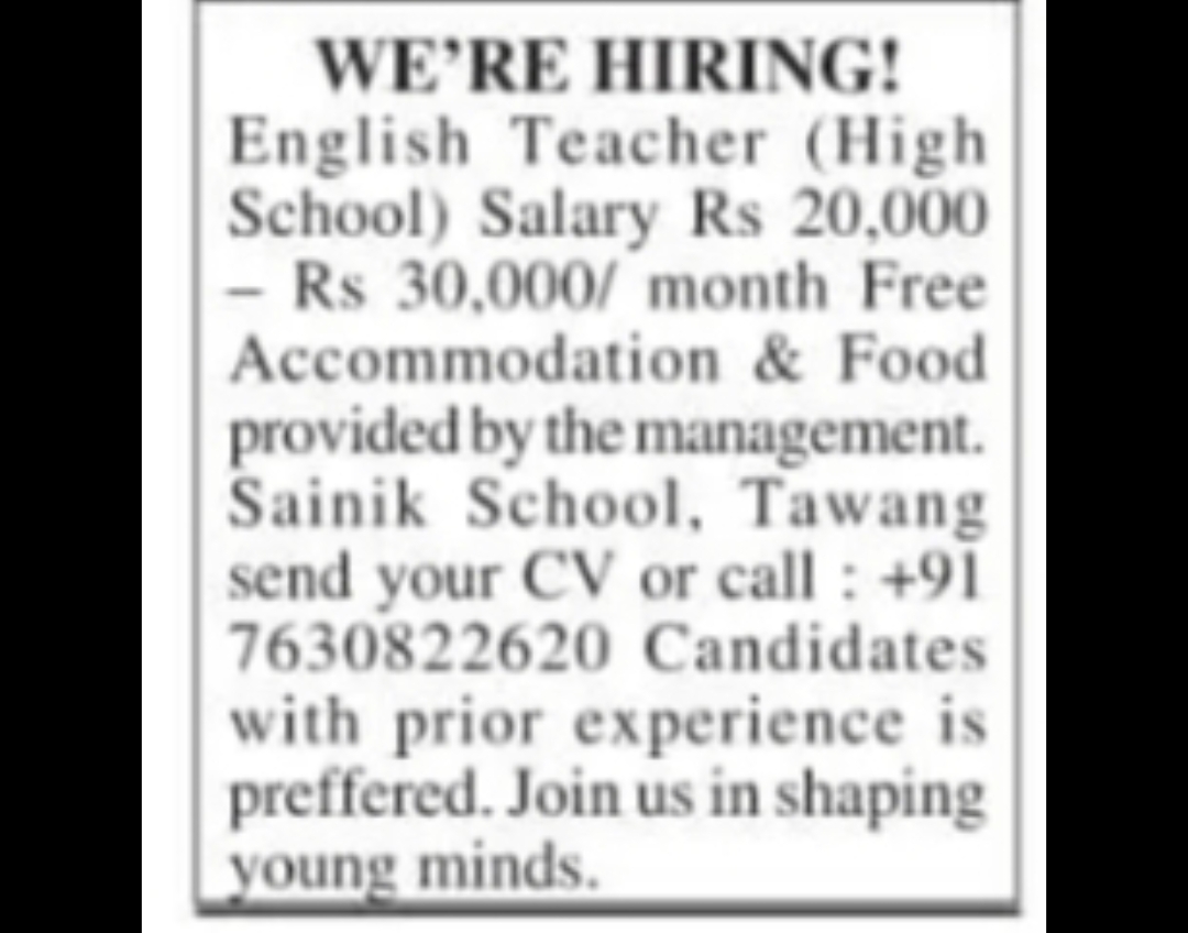 Hiring English Teacher – Sainik School, Tawang