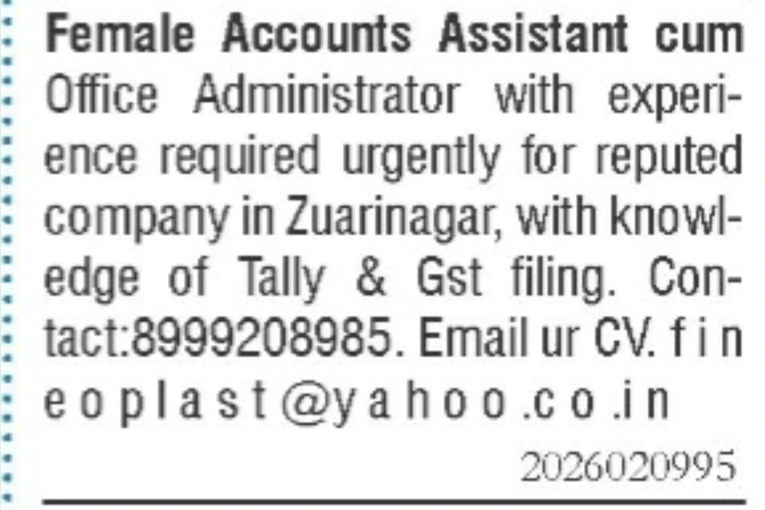 Hiring Female Accounts Assistant cum Office Administrator