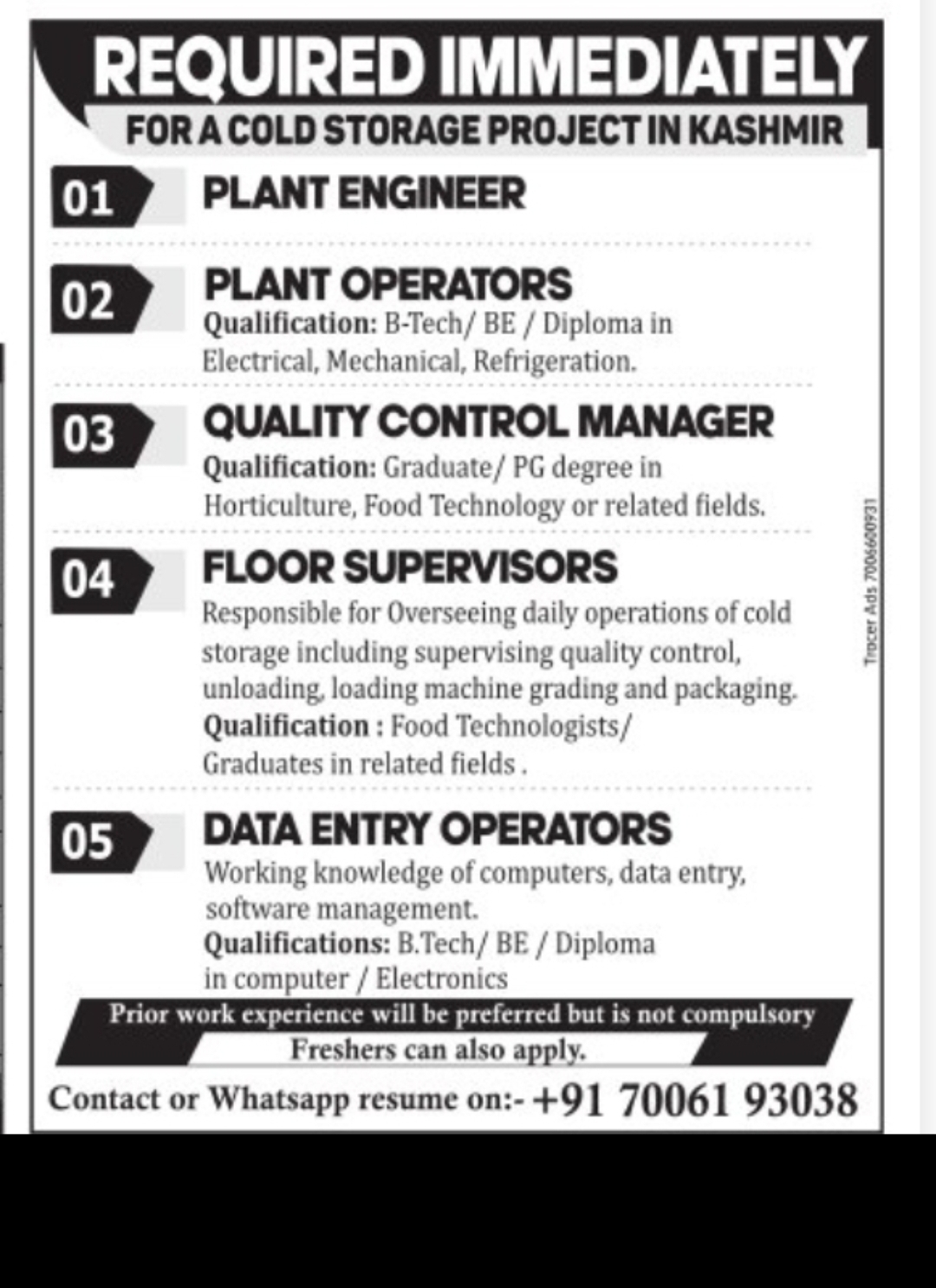 Hiring for Cold Storage Project in Kashmir