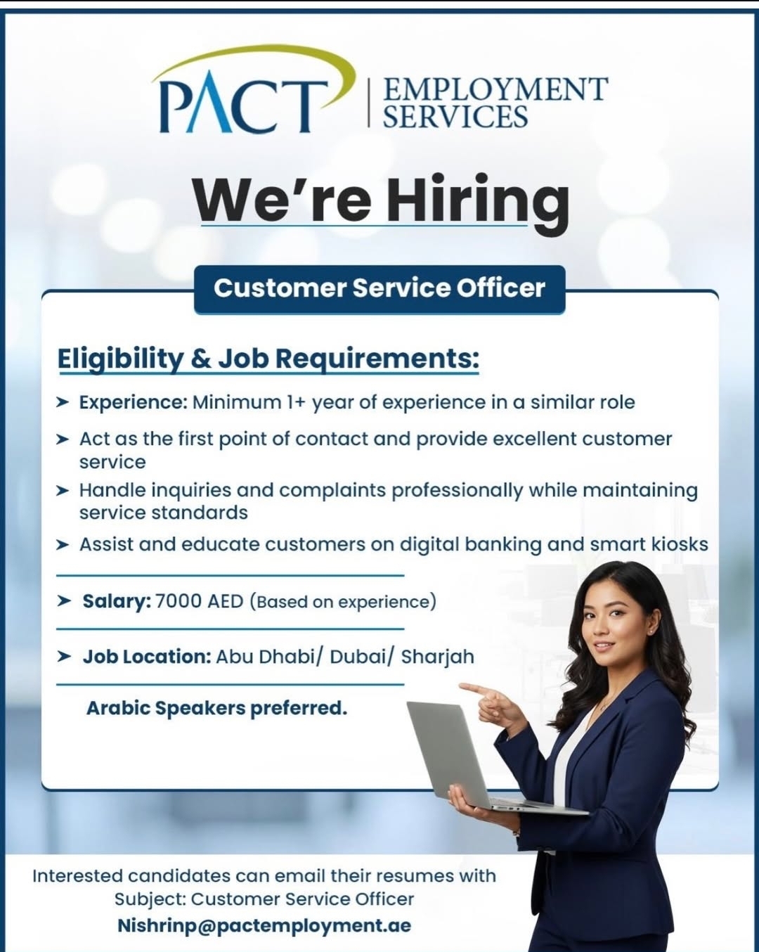 Hiring for Customer Service Officer for a leading bank in UAE