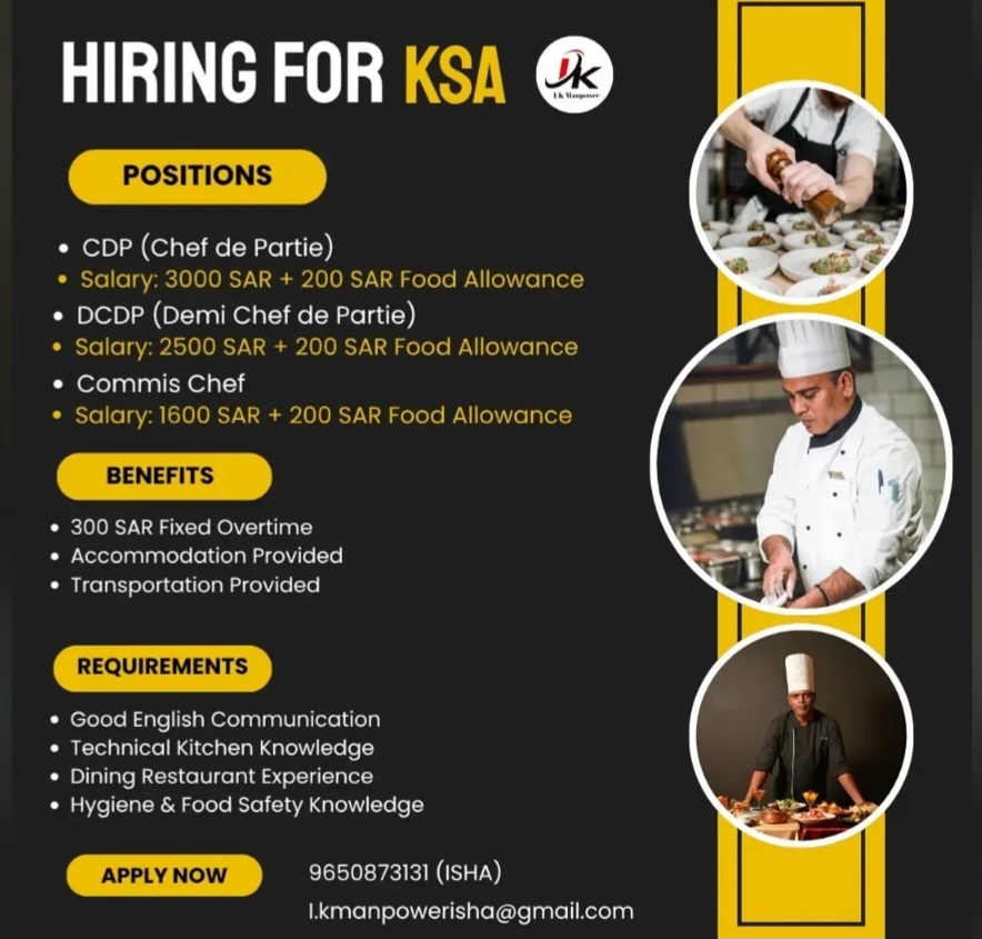 Hiring for KSA – Restaurant & Kitchen Staff