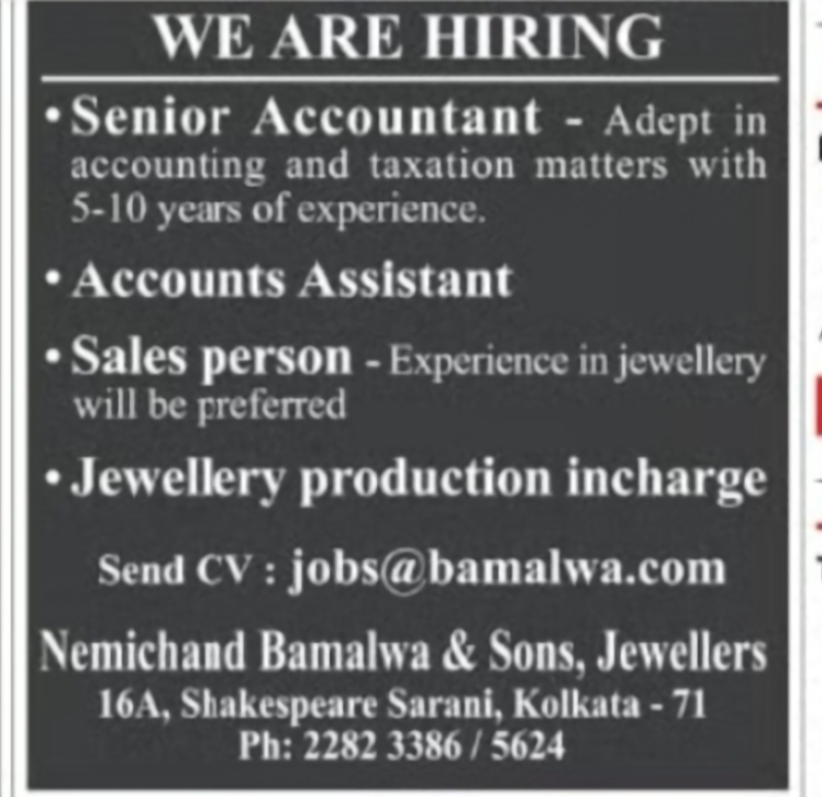 Hiring for Multiple Positions at Nemichand Bamalwa & Sons Jewellers – Kolkata