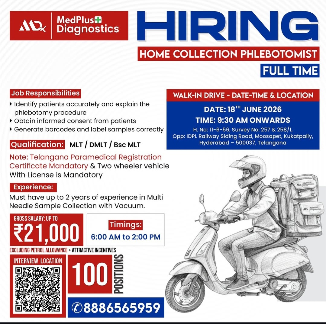 HIRING HOME COLLECTION PHLEBOTOMIST (FULL TIME)