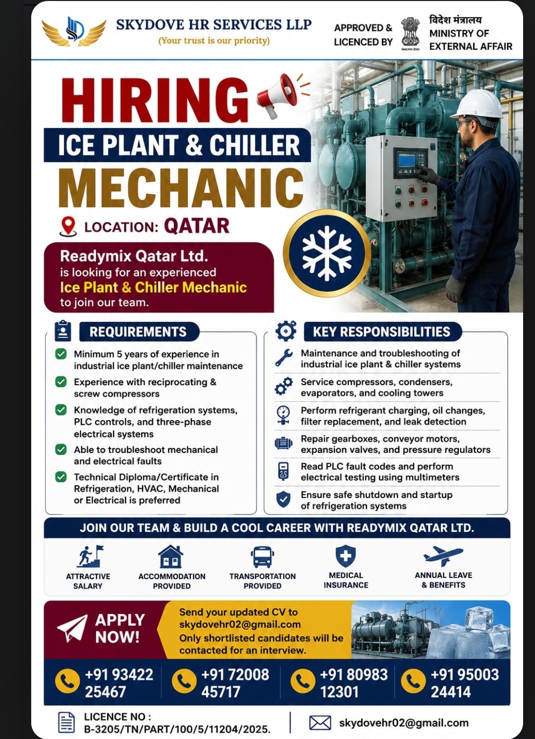 Hiring – Ice Plant & Chiller Mechanic | Qatar