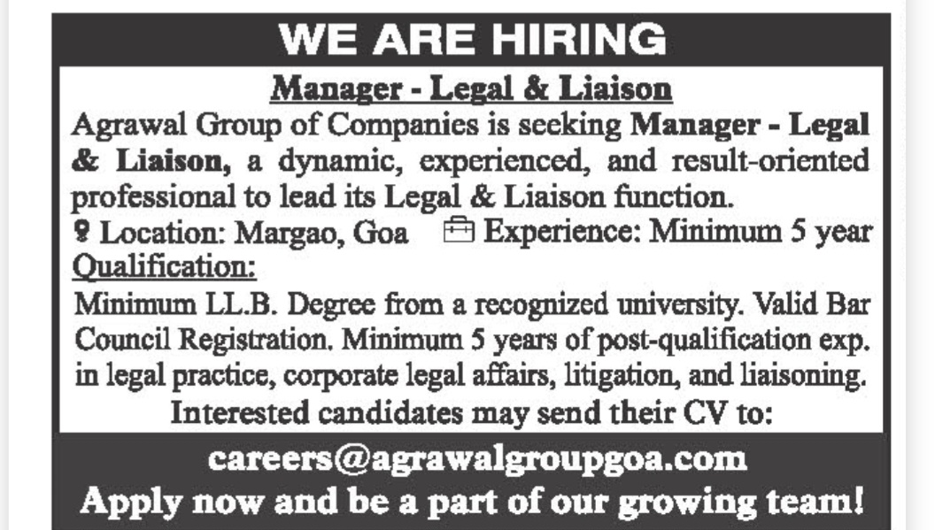 Hiring – Manager - Legal & Liaison (Margao, Goa)