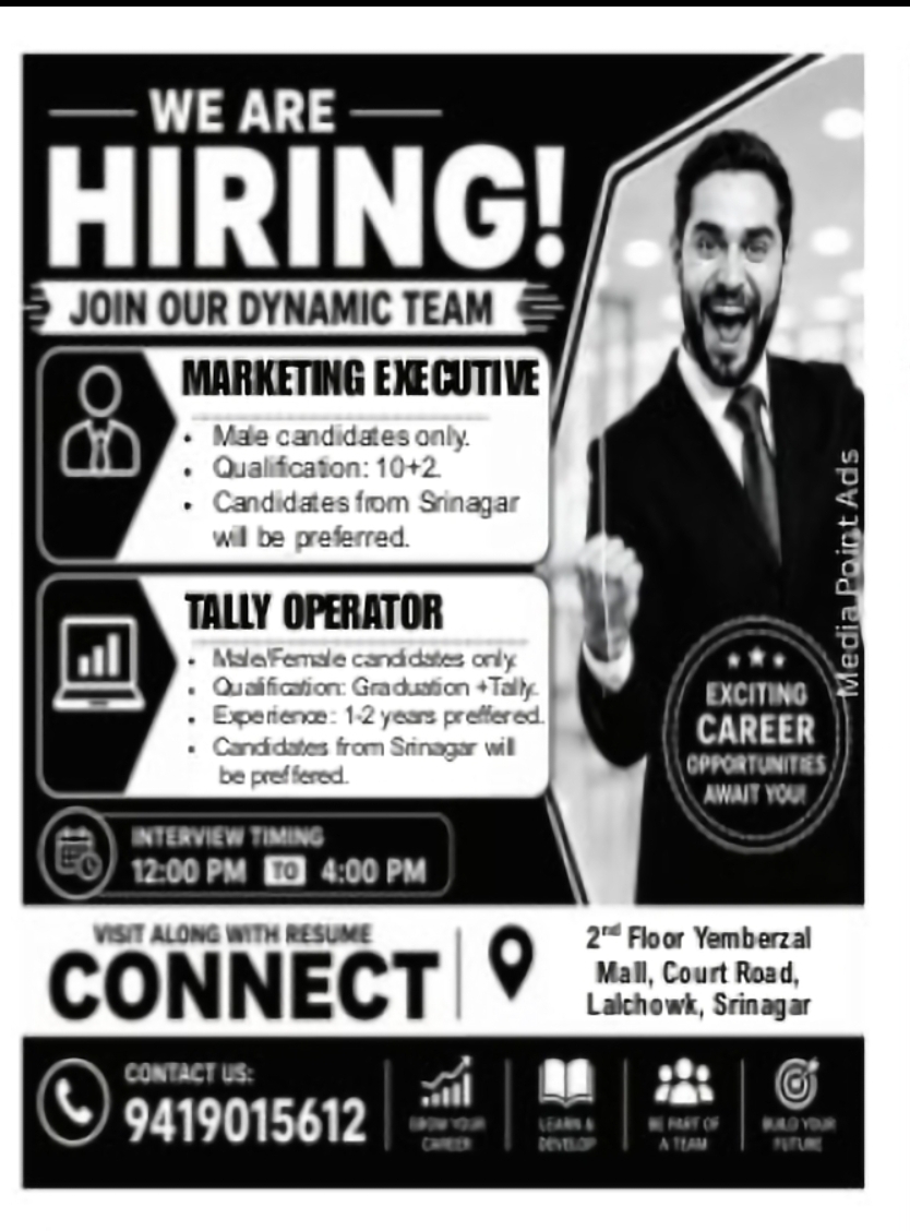 Hiring Marketing Executive & Tally Operator – Srinagar